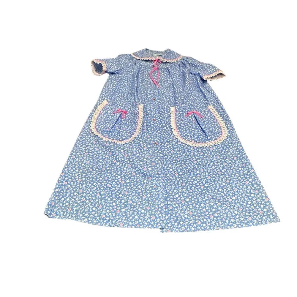 Vintage Coffee Time nightgown House Dress Blue Floral‎ Lace Pockets Medium